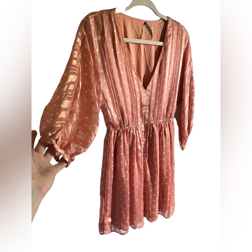 Zara | Small Coral Silky Pleated Polka Dot Dress - Picture 6 of 9